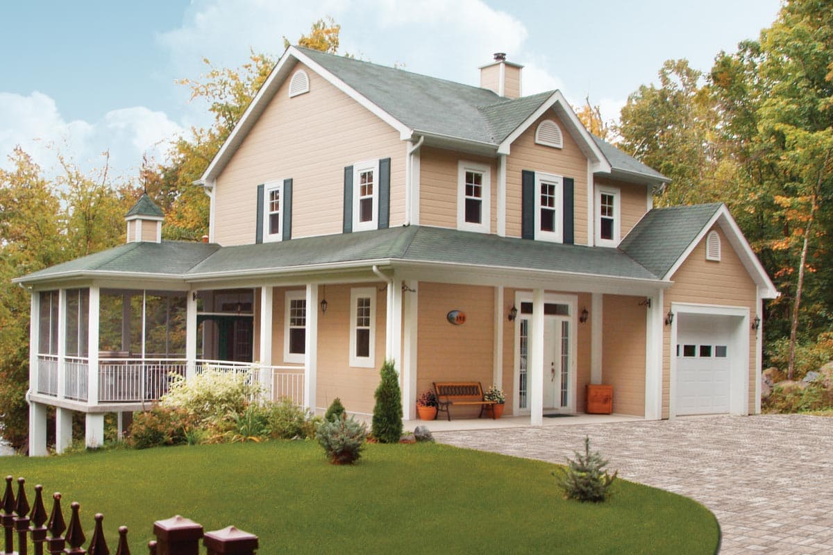 Two-story house plan exterior with a screened porch, covered front entrance, and attached one-car garage.