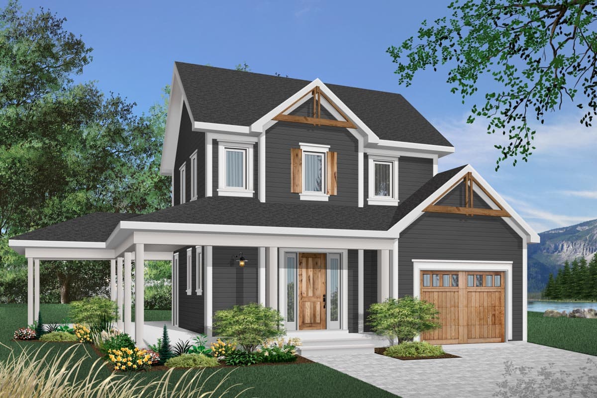 House plan exterior: Two-story home with a wraparound porch, gables, exposed rafter tails, and a side-entry garage.