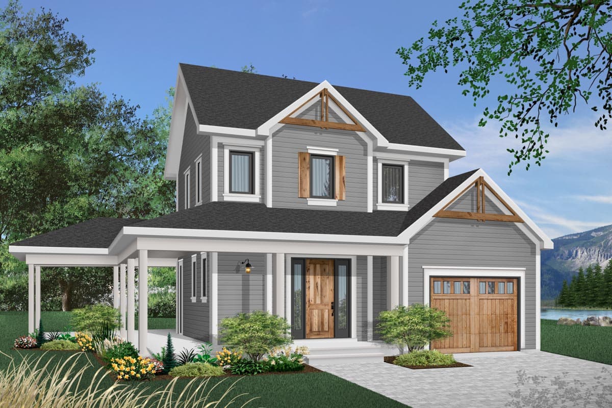 Two-story house plan exterior with a covered wrap-around porch, gabled dormers, exposed rafter tails, and a side-entry garage.