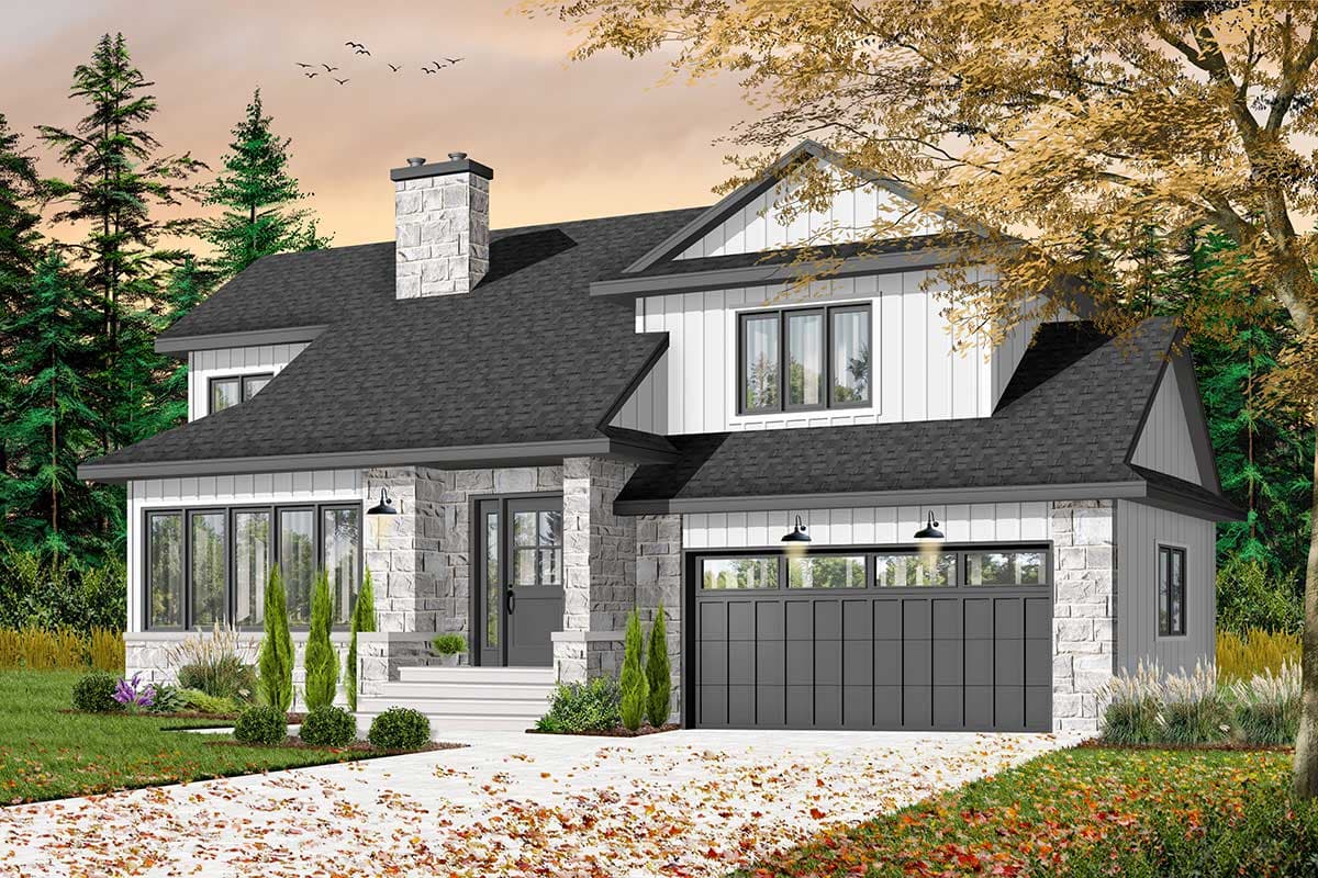 House plan exterior with stone veneer, two stories, gable roof, dormer, and attached garage. Modern Farmhouse style with dark roof and trim.