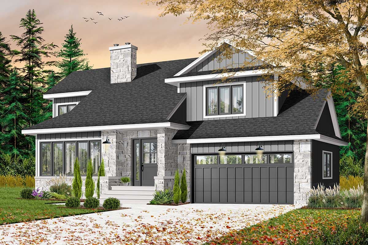 House plan exterior of a two-story Modern Farmhouse with stone accents, gabled rooflines, and a two-car garage.
