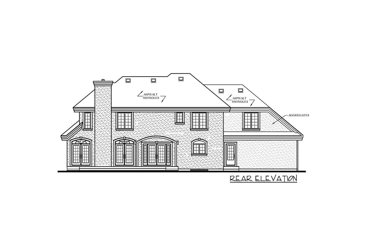 Rear elevation house plan with brick facade, multiple gables, prominent chimney, and French doors.