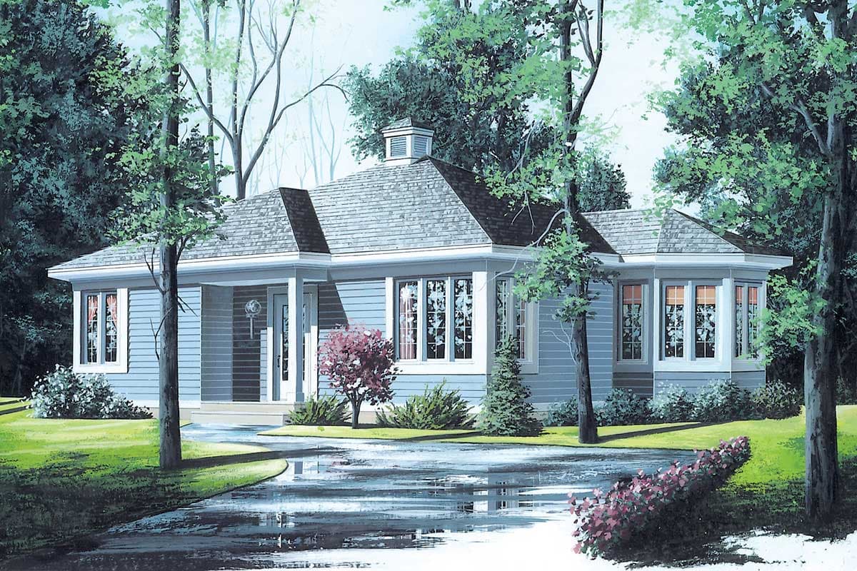 House plan exterior: Single-story home with gabled roof, covered porch, bay window, and cupola.