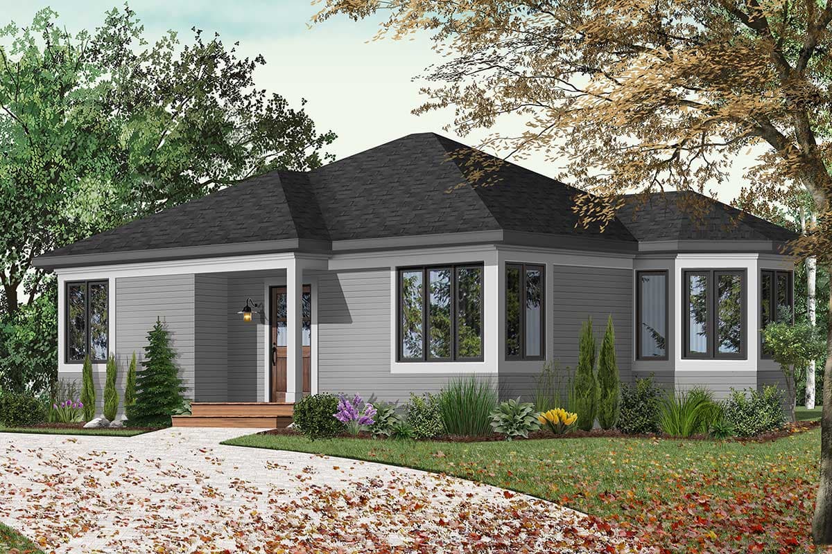 House plan exterior: single-story ranch with covered entry porch, hip roof, and bay windows.