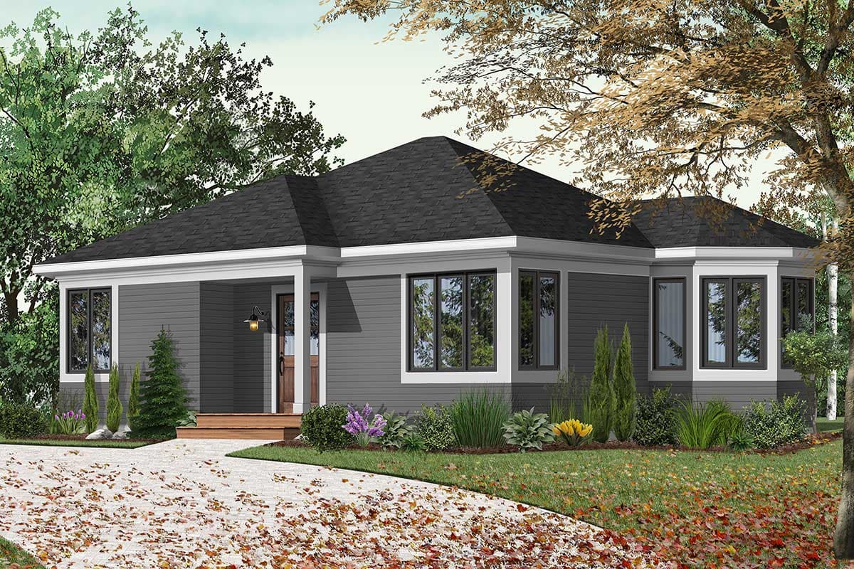 Ranch-style house plan exterior with a covered porch, wide eaves, and a prominent bay window.