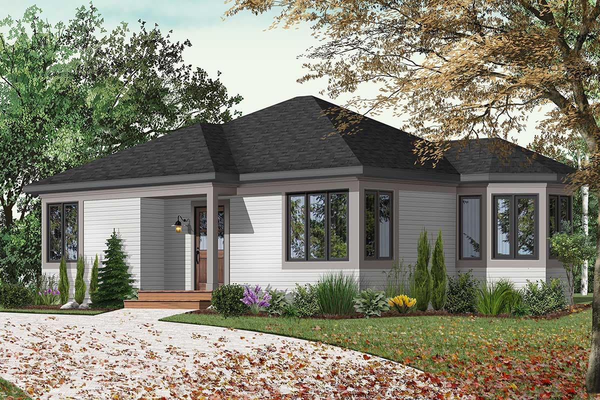 House plan exterior. Single-story home with a hip roof and small front porch. Features include large windows and a combination of siding and trim.