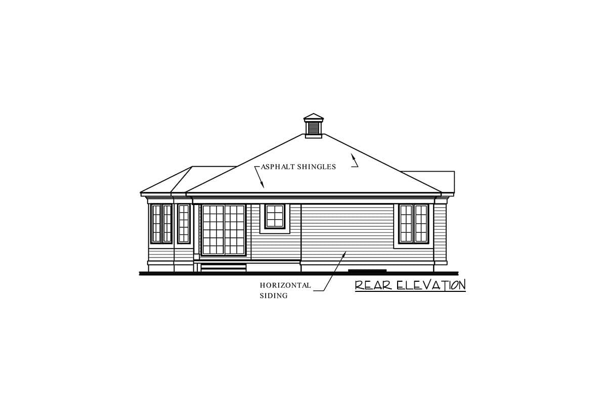 Rear elevation drawing showing horizontal siding, asphalt shingles, and various window types.