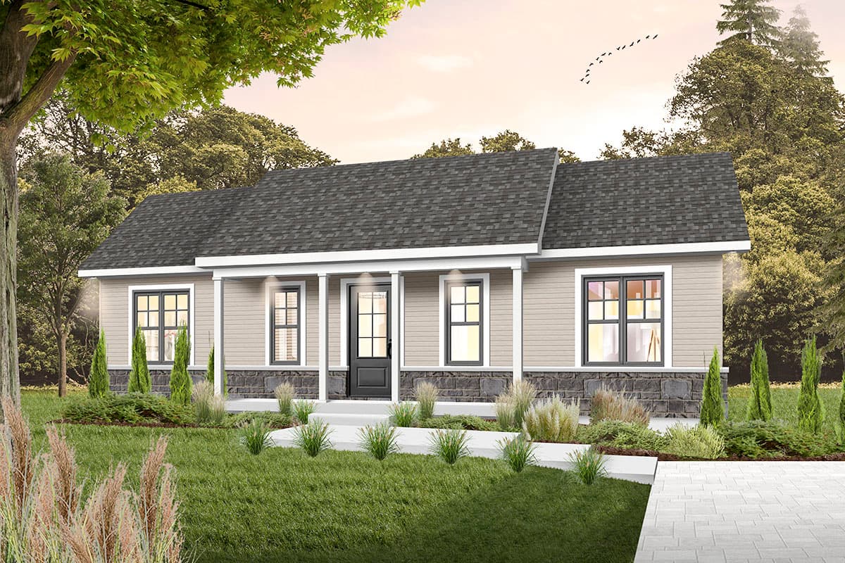 Ranch house plan exterior with covered front porch, three prominent gables, and stone wainscoting.