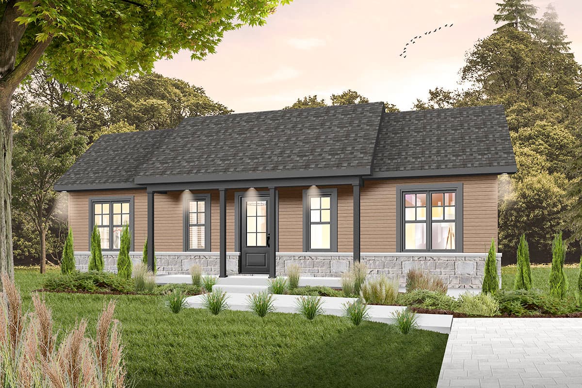 Ranch style house plan exterior with a covered front porch, gable rooflines, and stone and siding facade.