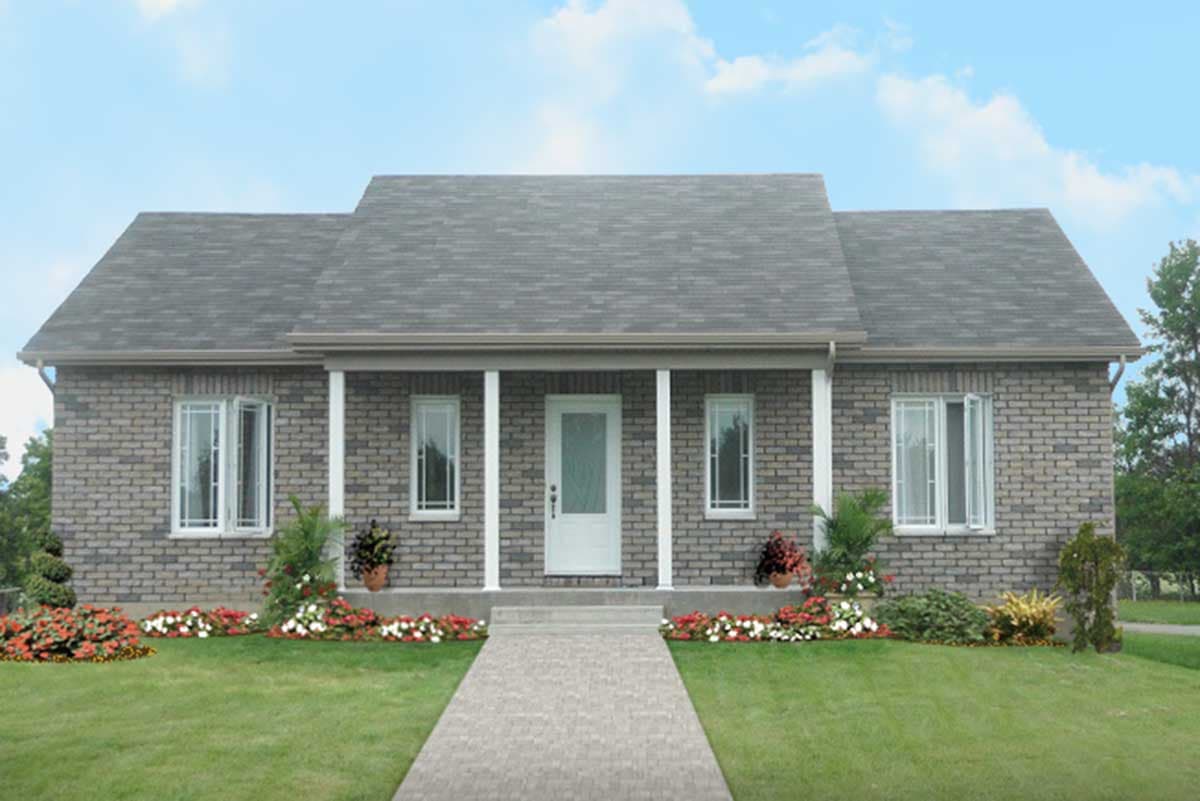 House plan exterior: One-story brick home with a covered front porch supported by columns and a symmetrical window arrangement.
