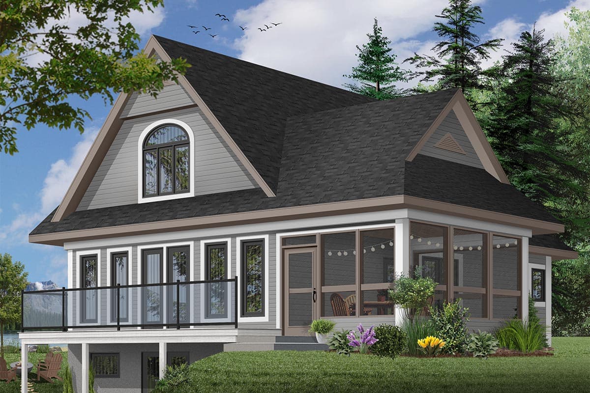 House plan exterior: two-story with prominent gables, arched dormer window, and screened porch with deck.