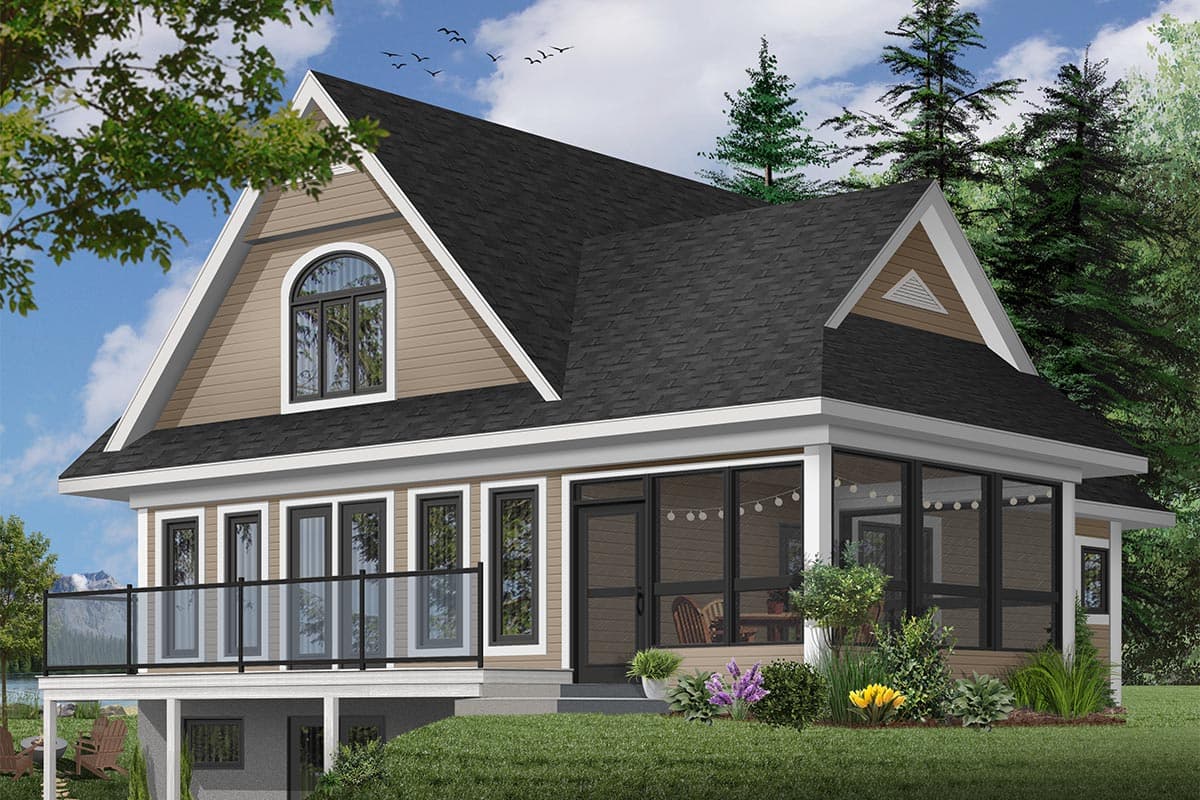 House plan exterior of a two-story home featuring a gable roof, arched window, screened porch, and deck.