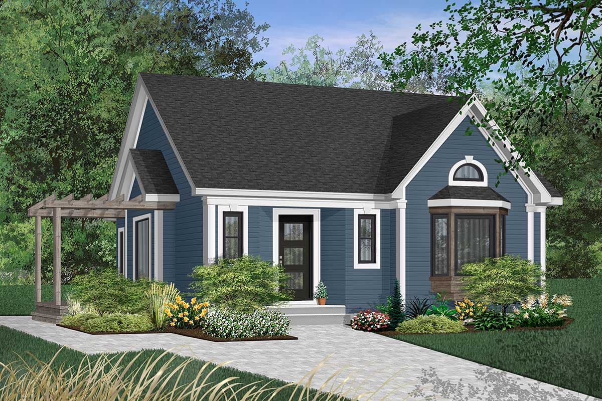 House plan exterior. One-story Cottage style with gable roof, bay window, and pergola-covered porch. Features include a front entry door and dormer.