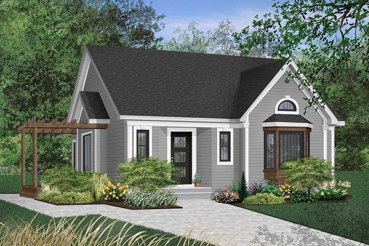 Cottage house plan exterior with a covered entry, pergolas, bay window, and dormer.