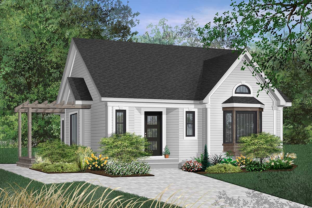 House plan exterior of a one-story cottage with a covered pergola, gables, and a bay window.