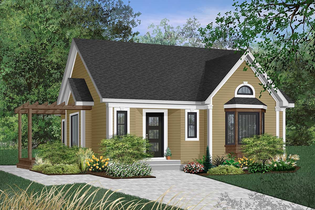 House plan exterior: Craftsman style, one story, with a covered entry pergola, gabled dormers, and bay window.