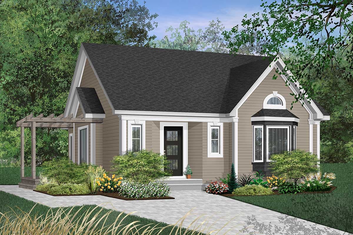 House plan exterior: Craftsman style, one-story, featuring a covered porch with pergola, bay window, and gables.