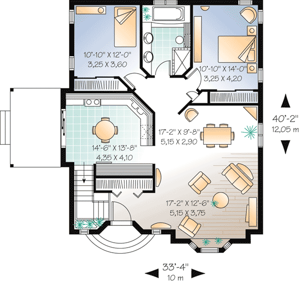 Plan 21041DR: 2 Bed 1 Bath One Level House Plan - 1262 Sq Ft - Floor Plan - Main Level - Country, Traditional