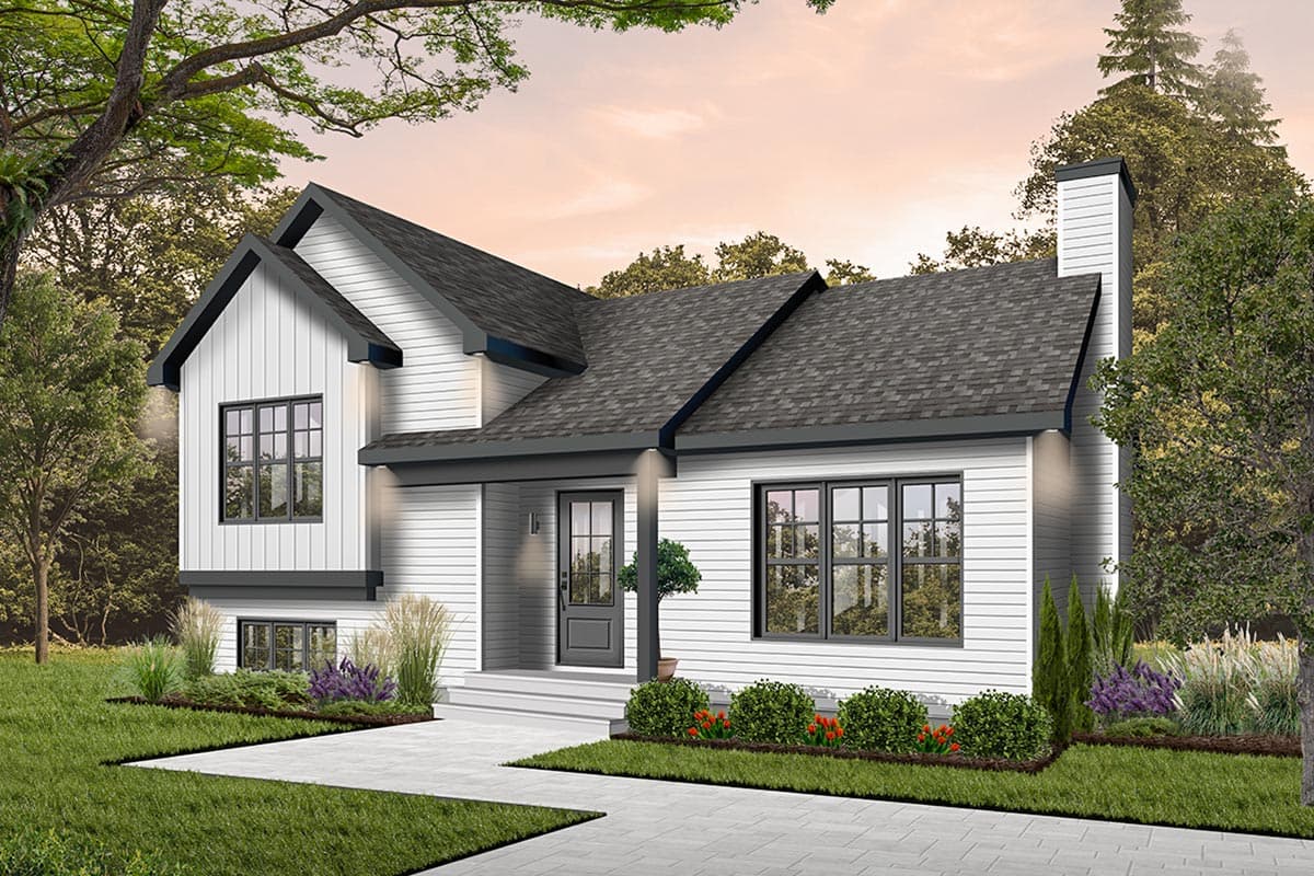 House plan exterior: Modern style, two-story, white siding, gabled roof, prominent chimney, and dark-trimmed windows.