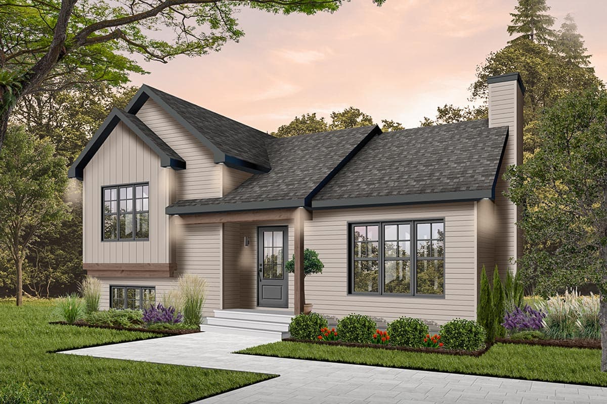 House plan exterior showing a two-story modern farmhouse with gables, prominent rooflines, and a covered entryway.