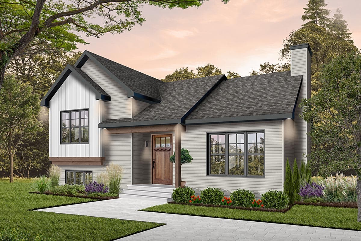 House plan exterior: Modern Farmhouse style, two stories, with a covered entry, prominent gables, and a side-facing garage.