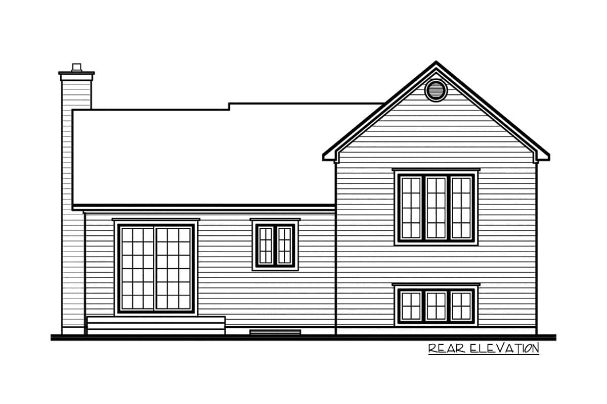 Rear elevation of a two-story house plan with a prominent gable, chimney, and various window styles including a large sliding glass door.