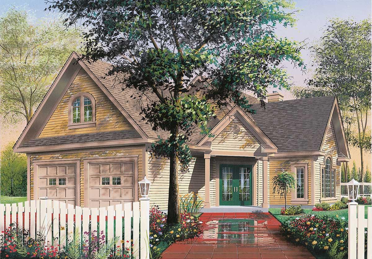 House plan exterior featuring a two-story design, arched dormer, double garage, and covered entry with double doors.