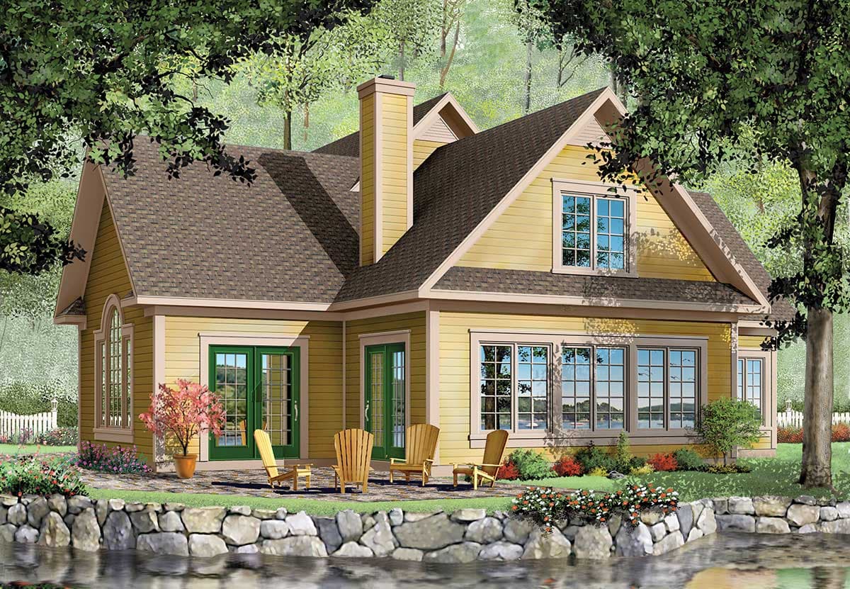 House plan exterior: two-story home with gabled roof, prominent chimney, and multiple large windows.
