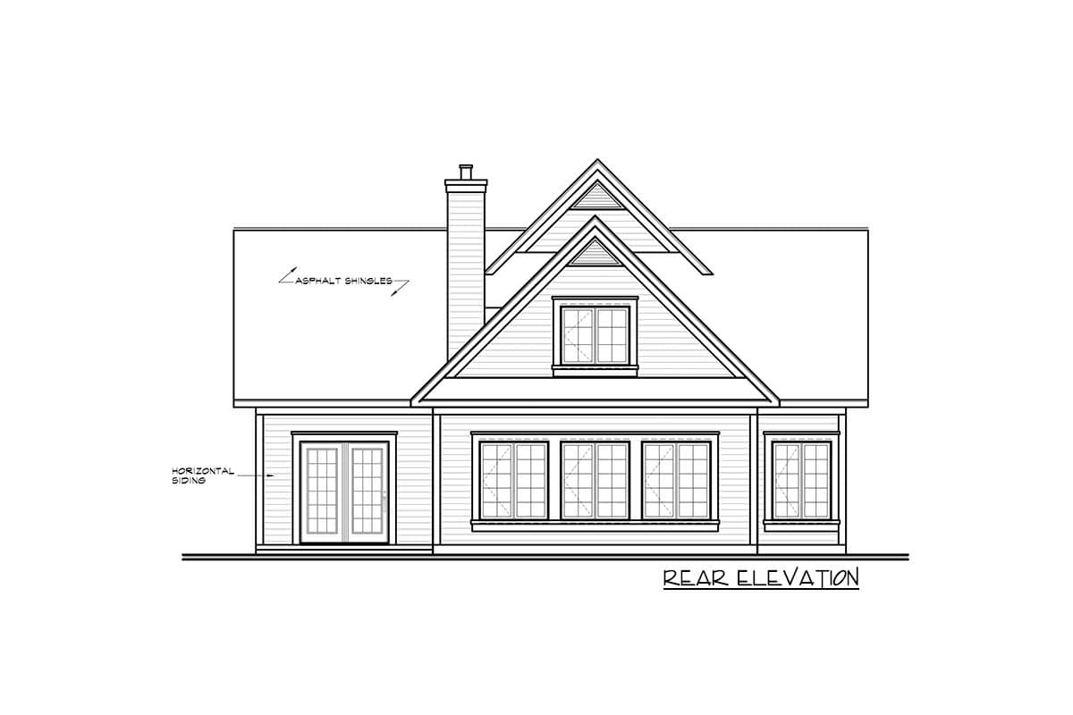 Rear elevation drawing of a house with horizontal siding, asphalt shingles, a chimney, double doors, and multiple windows.