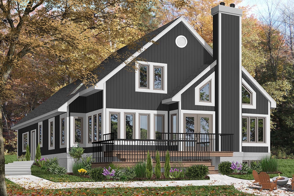 House plan exterior: Modern style two-story home with prominent chimney, wraparound deck, gables, and numerous windows.