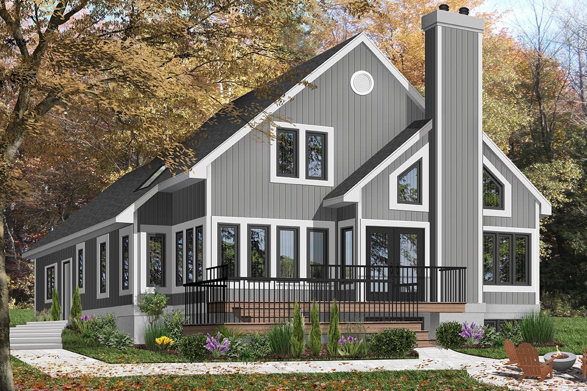 House plan exterior: Modern style, 1.5 stories, prominent chimney, wide deck, gabled rooflines, and multiple dormers.