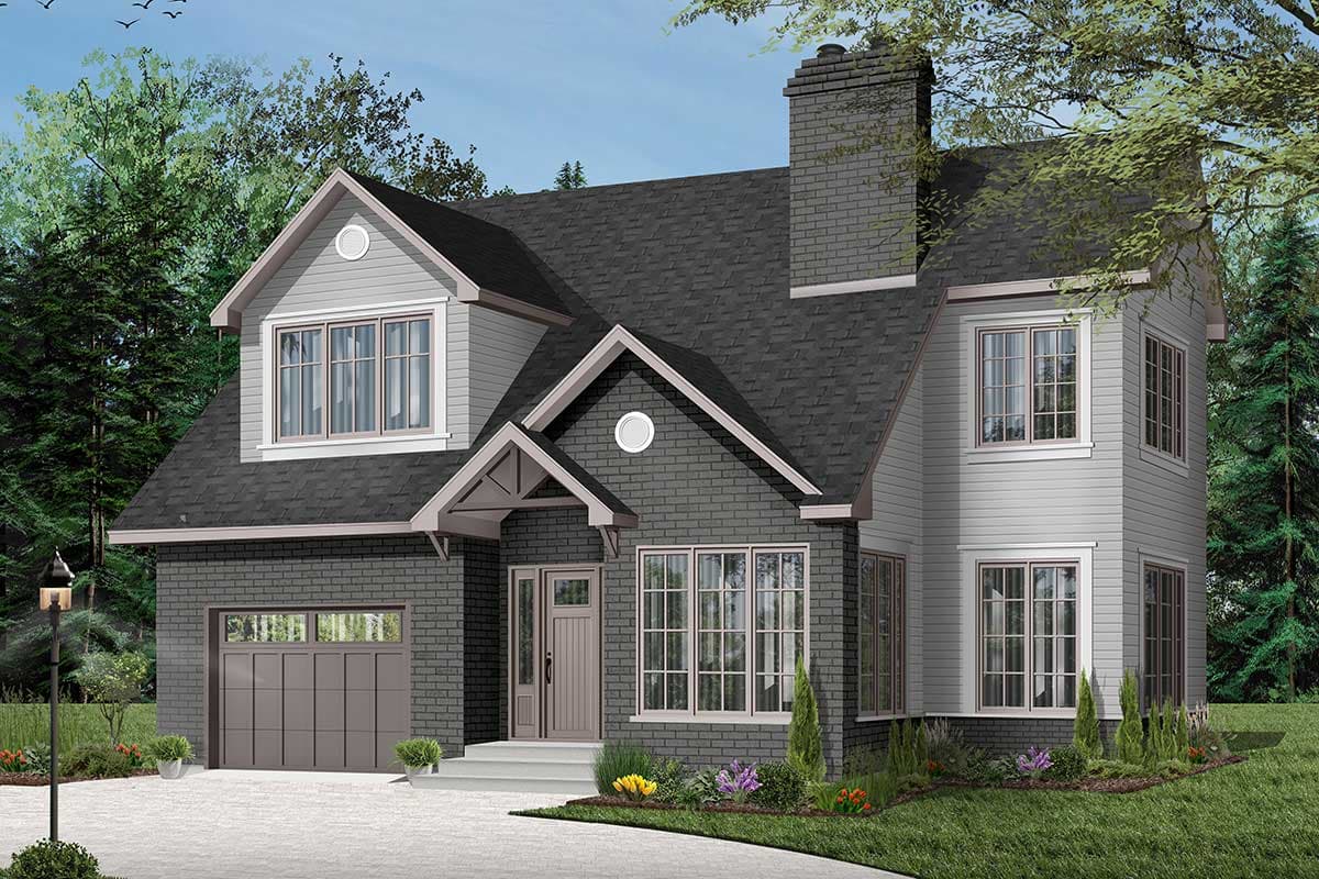 House plan exterior: Two-story modern home with brick and siding, gabled dormer, covered entry, and attached garage.