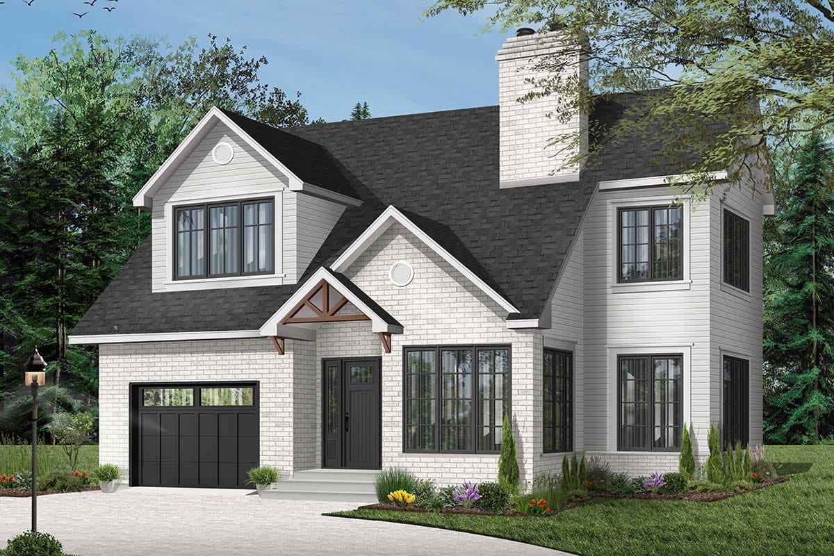 House plan exterior with two stories, Craftsman style. Features include gables, a covered entry, brick, and a side-entry garage.