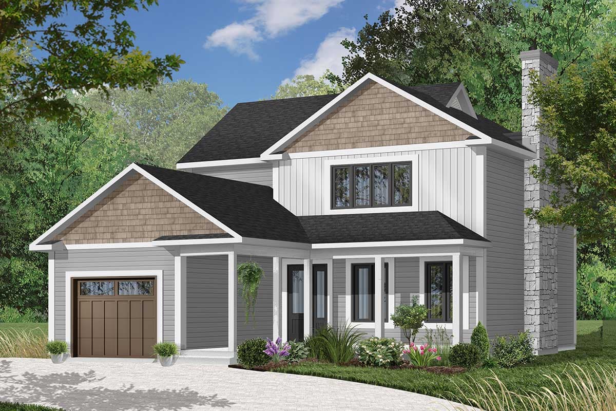 House plan exterior. Two-story home with Craftsman style. Features include gabled rooflines, a covered porch, and a side-entry garage.
