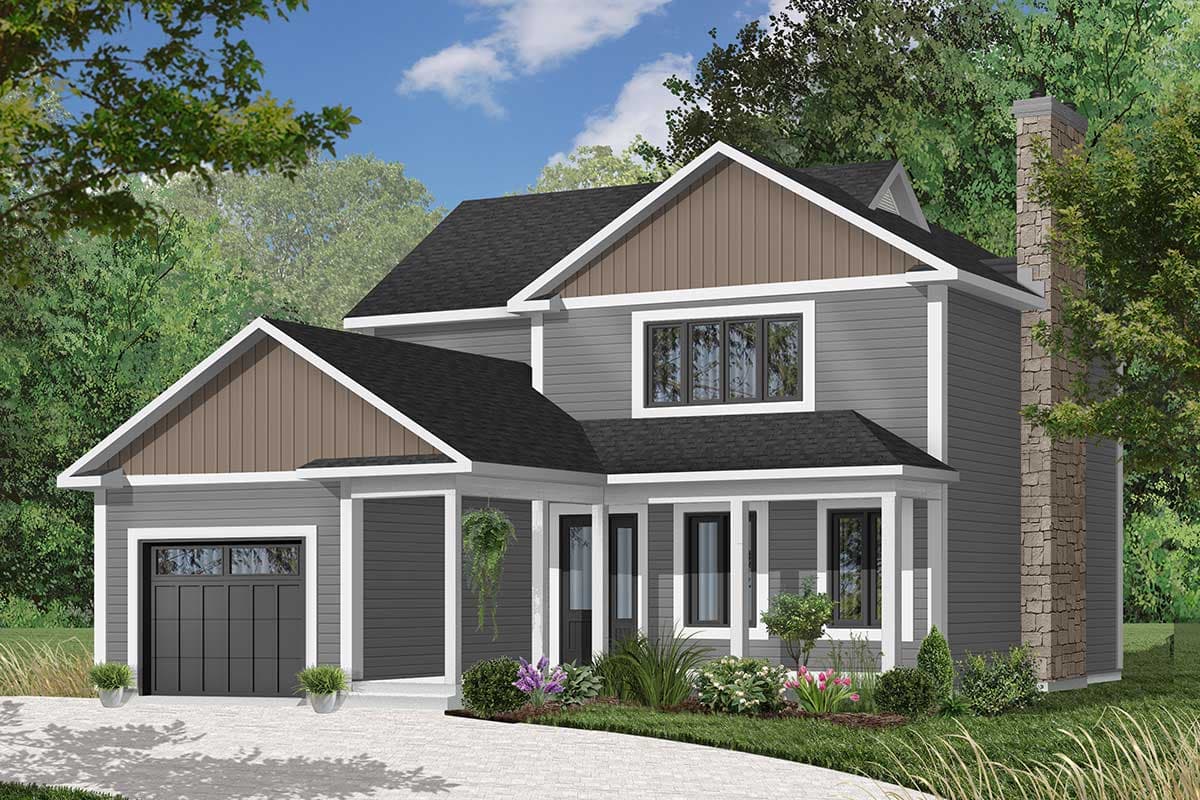 House plan exterior: Two-story home with attached garage, gabled dormers, covered porch, and stone chimney.