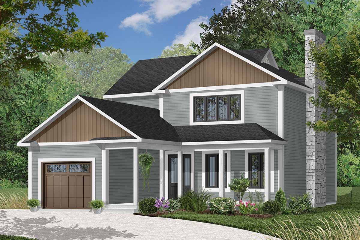 House plan exterior of a two-story home with a side-entry garage, stone chimney, and covered front porch.