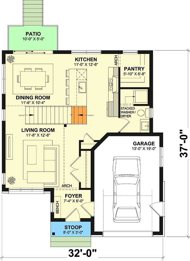 Plan 21070DR: Two-Story New American House Plan with 5-Bedrooms and Finished Basement - 2288 Sq Ft - Floor Plan - Main Level - Country, New American, Traditional, Transitional