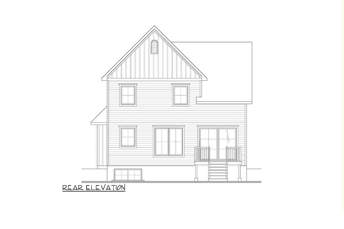 Rear elevation drawing of a two-story house plan with a prominent gable, lap siding, and a rear deck with stairs.