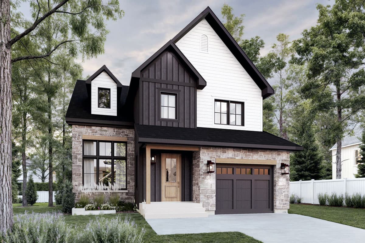 Modern farmhouse house plan exterior with stone base, vertical siding, gable dormer, and attached garage.