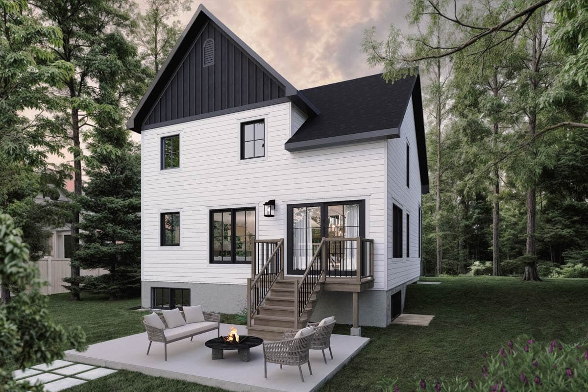 House plan exterior of a two-story modern farmhouse with a gable roof, white siding, dark trim, and a rear deck.