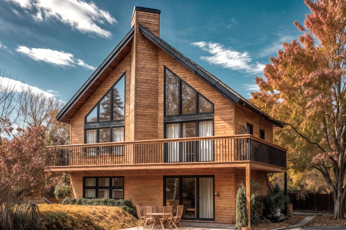 A modern wooden house with large windows and a balcony, framed by trees with autumn foliage under a blue sky with clouds.