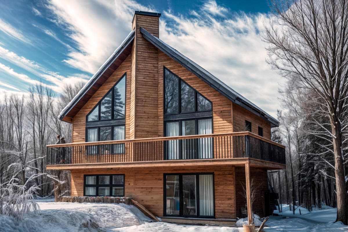 A-frame wooden house with large windows and a balcony, nestled in a snowy, wooded area under a partly cloudy sky. Person standing on the balcony.