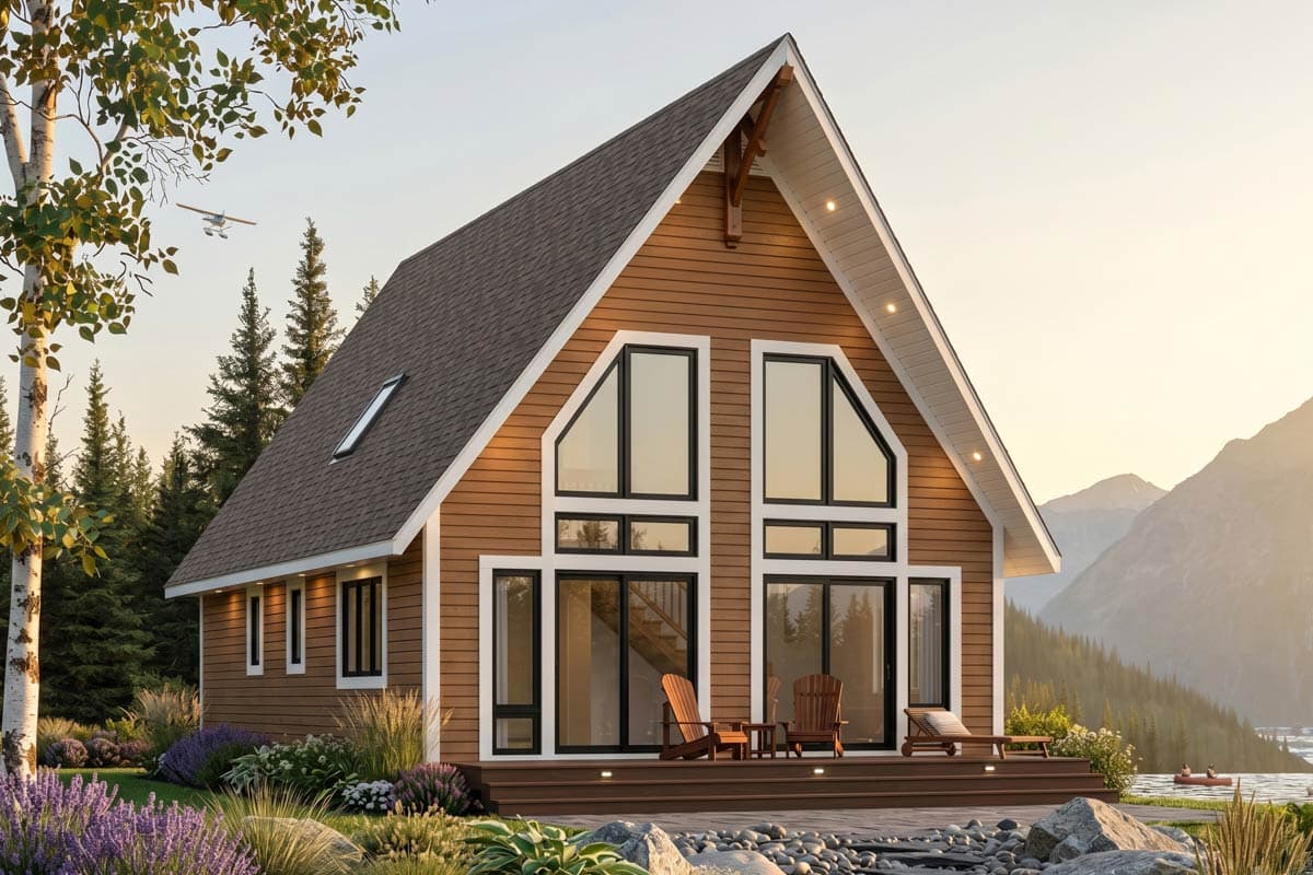 House plan exterior of a red, two-story modern A-frame home with a large A-frame gable, a chimney, and extensive glass.