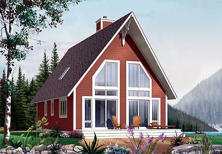House plan exterior of a red, two-story modern A-frame home with a large A-frame gable, a chimney, and extensive glass.