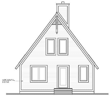Front elevation house plan with steeply pitched roof, central chimney, horizontal siding, and three windows.