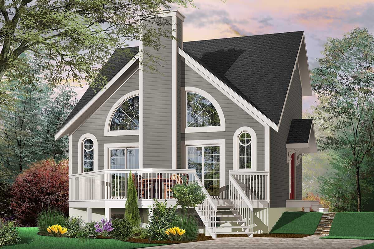 House plan exterior: two-story dwelling with prominent chimney, large arched windows, wrap-around deck, and a covered entrance.