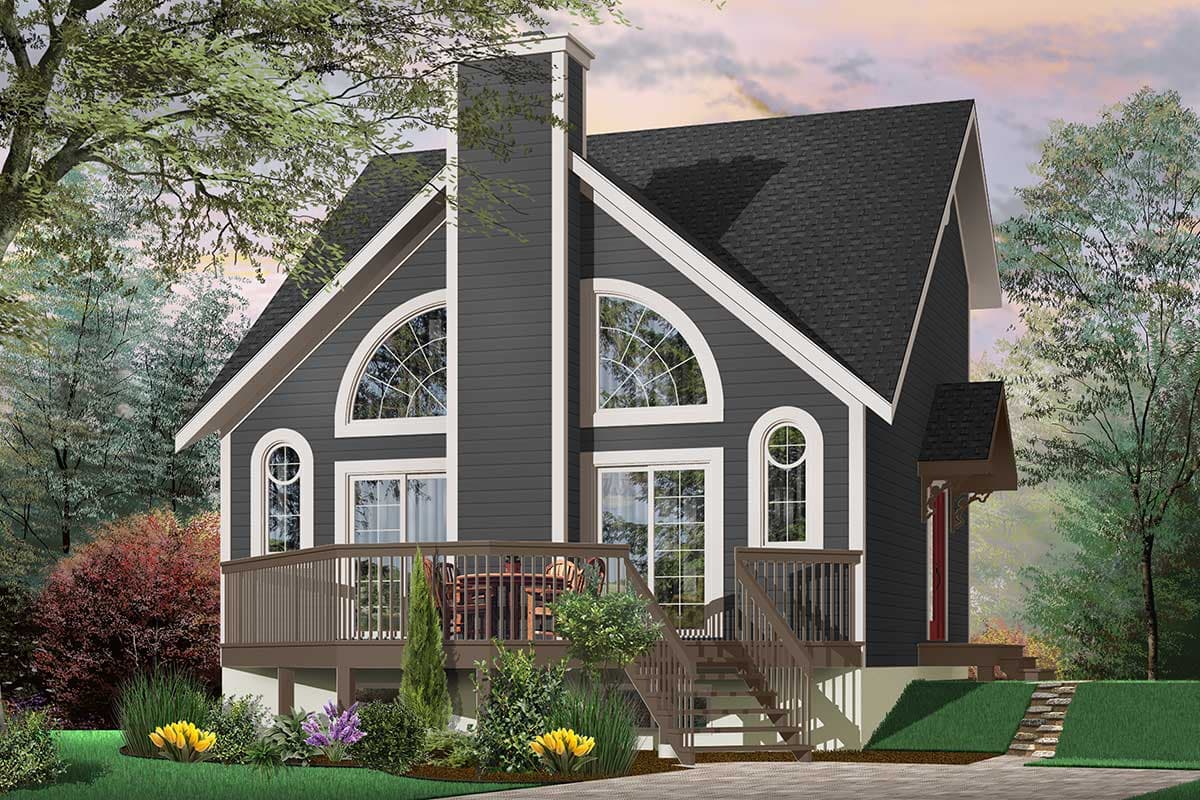 House plan exterior featuring a gambrel roof, large arched windows, and a wraparound deck with stairs.