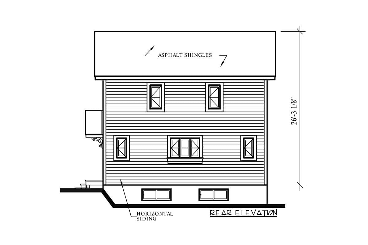 Rear elevation house plan showing two stories, asphalt shingles, horizontal siding, and multiple windows.