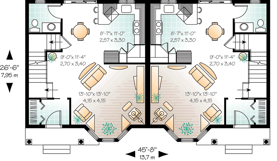 Plan 21081DR: Economical Duplex with Covered Entry - Floor Plan - Main Level - Traditional
