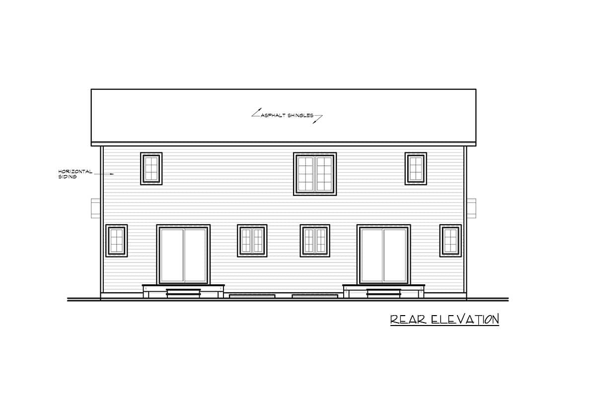 Rear elevation drawing of a two-story house with horizontal siding, asphalt shingles, and two sets of sliding doors.